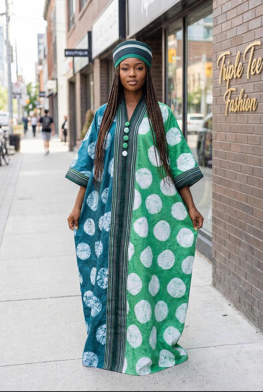 Handmade Adire Brocade Kaftan Dress | Nigerian Boubou