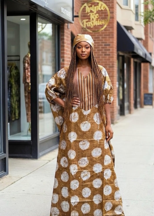 African Adire Batik Cotton Boubou Dress | Handmade Kaftan