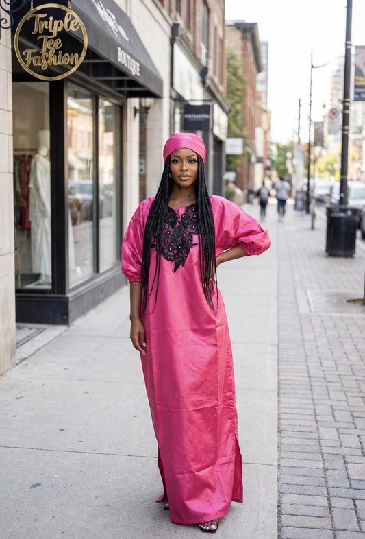 African Mikado Silk Boubou Dress | Appliqué Kaftan, One Size