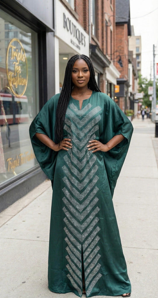Emerald Green Duchess Silk Boubou: Crystal Patterned African Kaftan