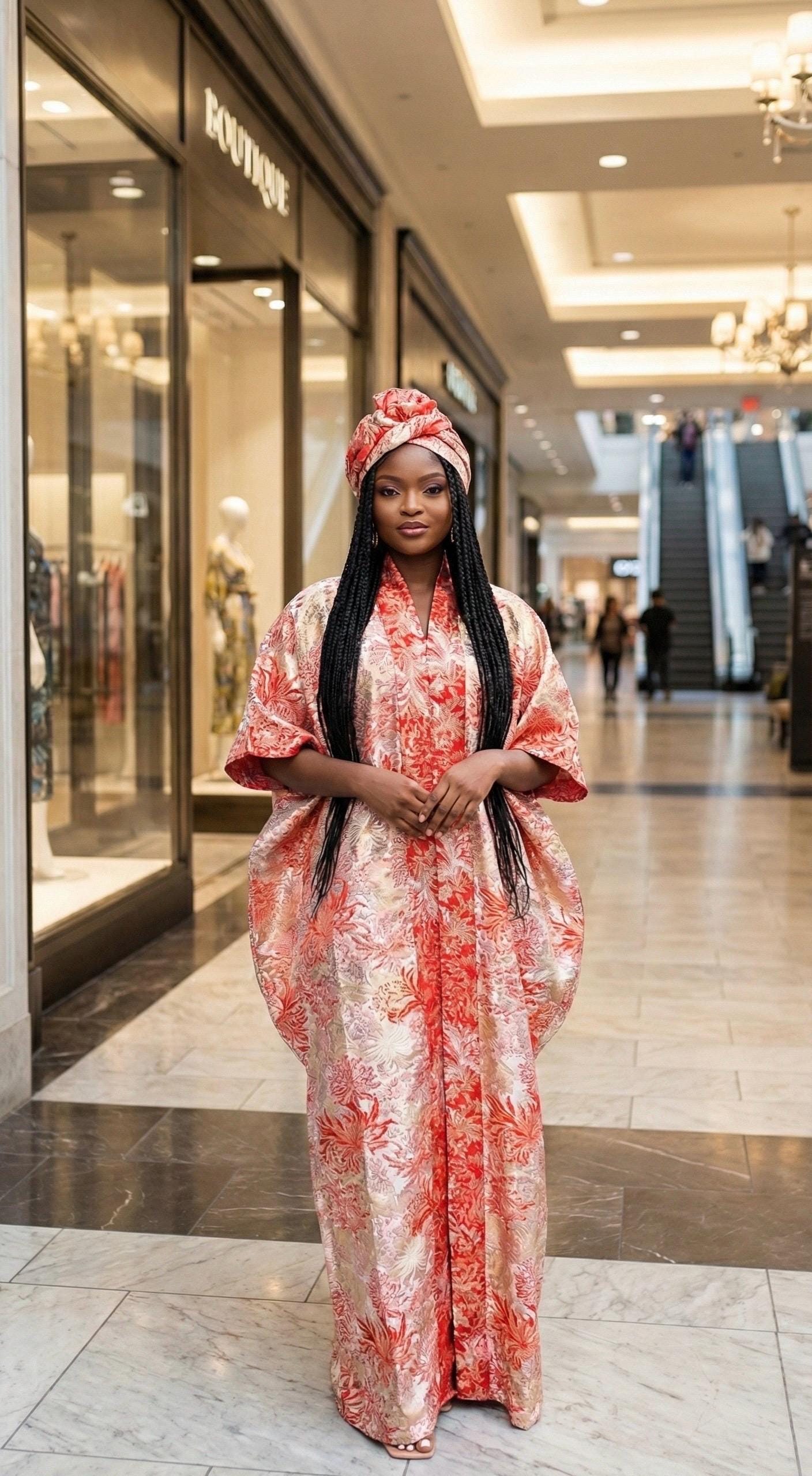 European Brocade Boubou Dress with Matching Scarf | Nigerian Kaftan