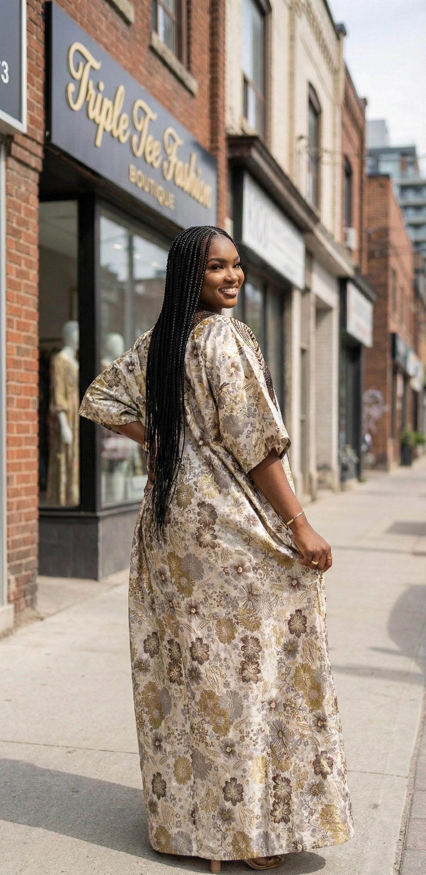 Damask Brocade Agbada Dress with Tinko Embroidery | Matching Headband