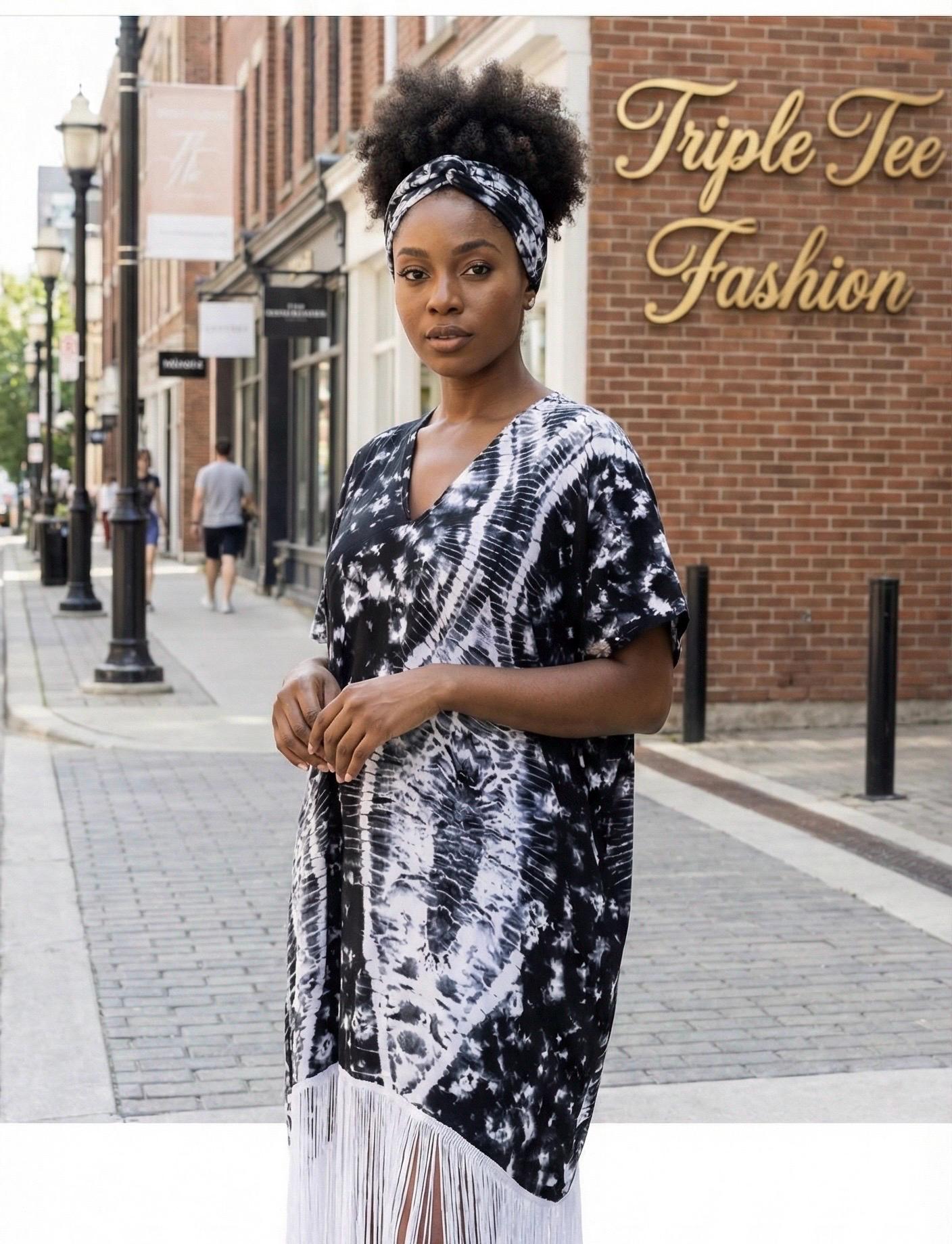 African Adire Fringe Boubou Dress | Nigerian Kaftan, Matching Scarf