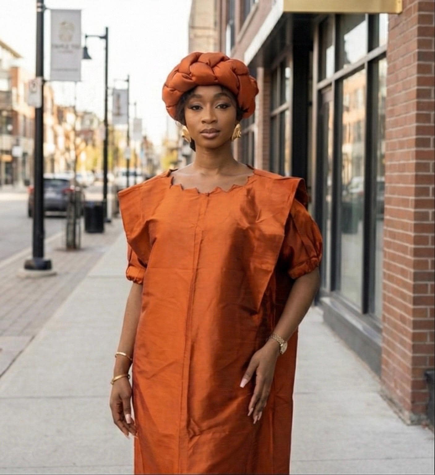 Burnt Orange Mikado Boubou | African Kaftan Dress with Headband