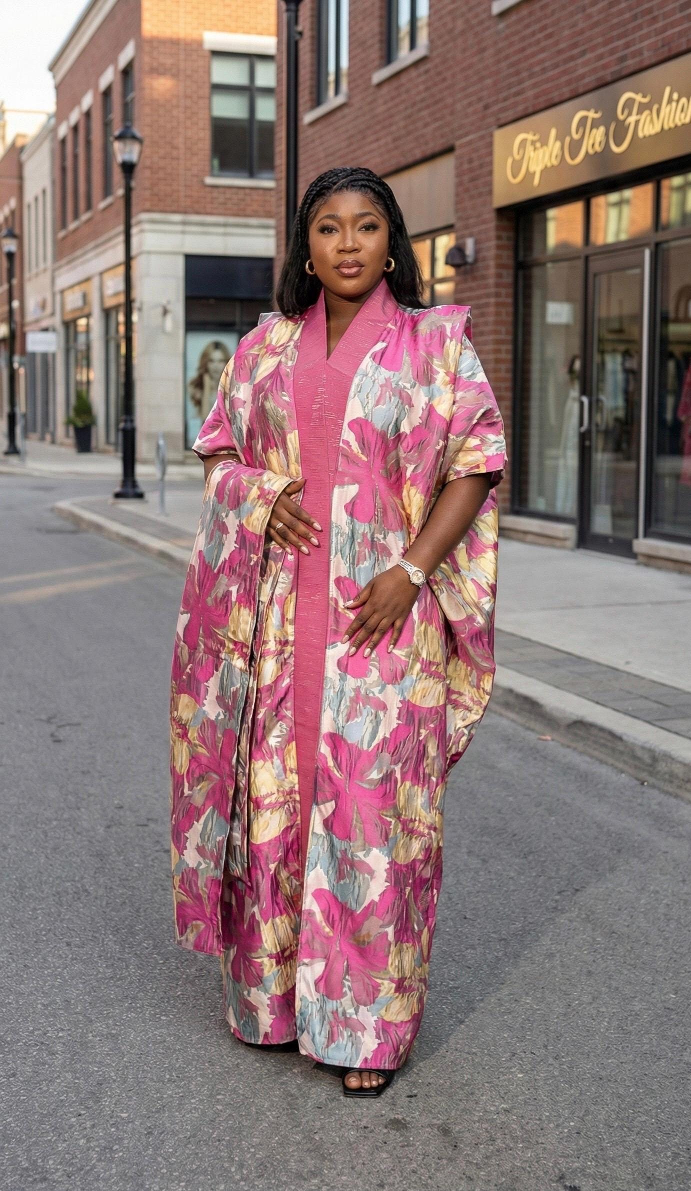 Floral Brocade Boubou Dress | African Kaftan, Party Gown w/ Scarf