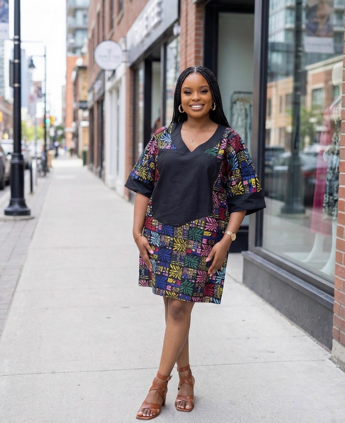 African Print Mini Dress - Ankara Short, V-Neck Summer Dress