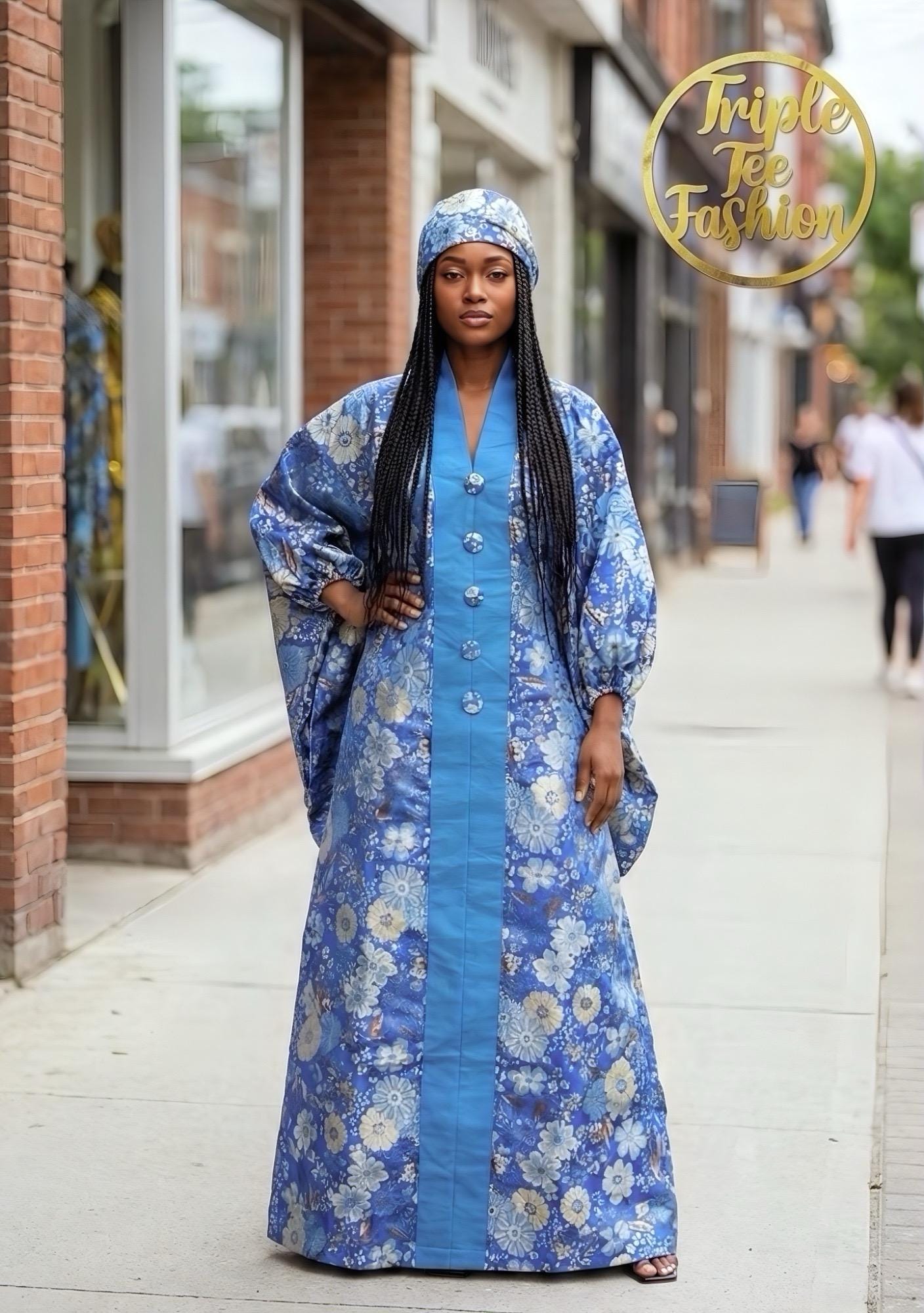 Floral Brocade Boubou Dress with Scarf | African Kaftan Jalabiya