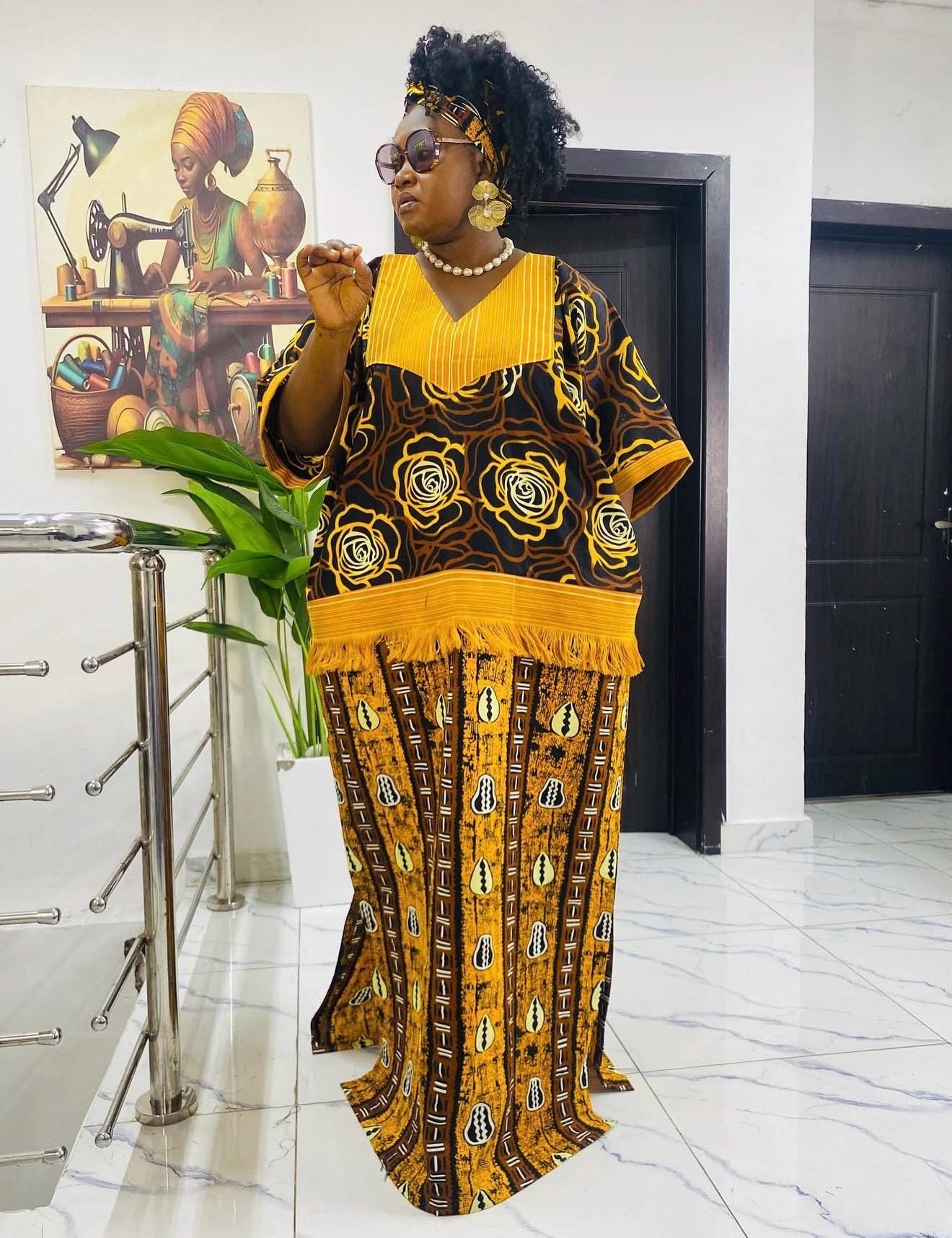 Handmade Ankara Kaftan | Nigerian Print Dress with Headtie