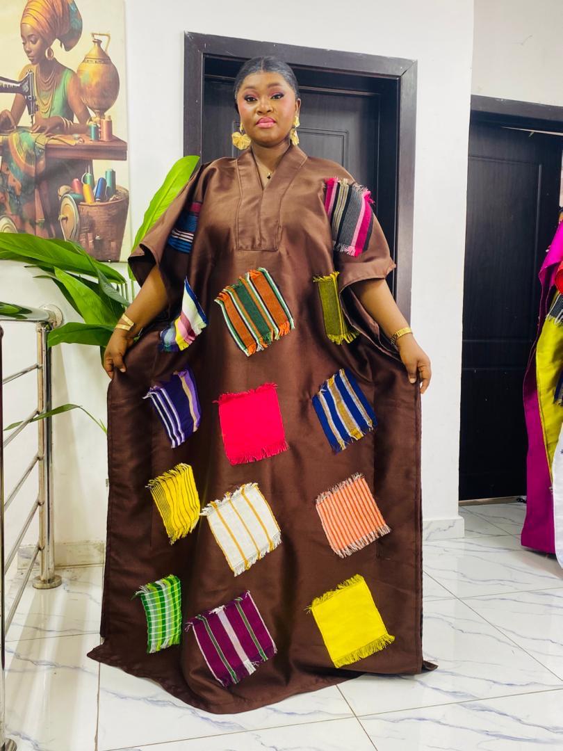 African Luxury Mikado Boubou with Aso-Oke Patchwork – One Size Fits All| Chocolate Brown Dress