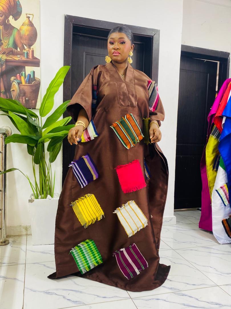 African Luxury Mikado Boubou with Aso-Oke Patchwork – One Size Fits All| Chocolate Brown Dress
