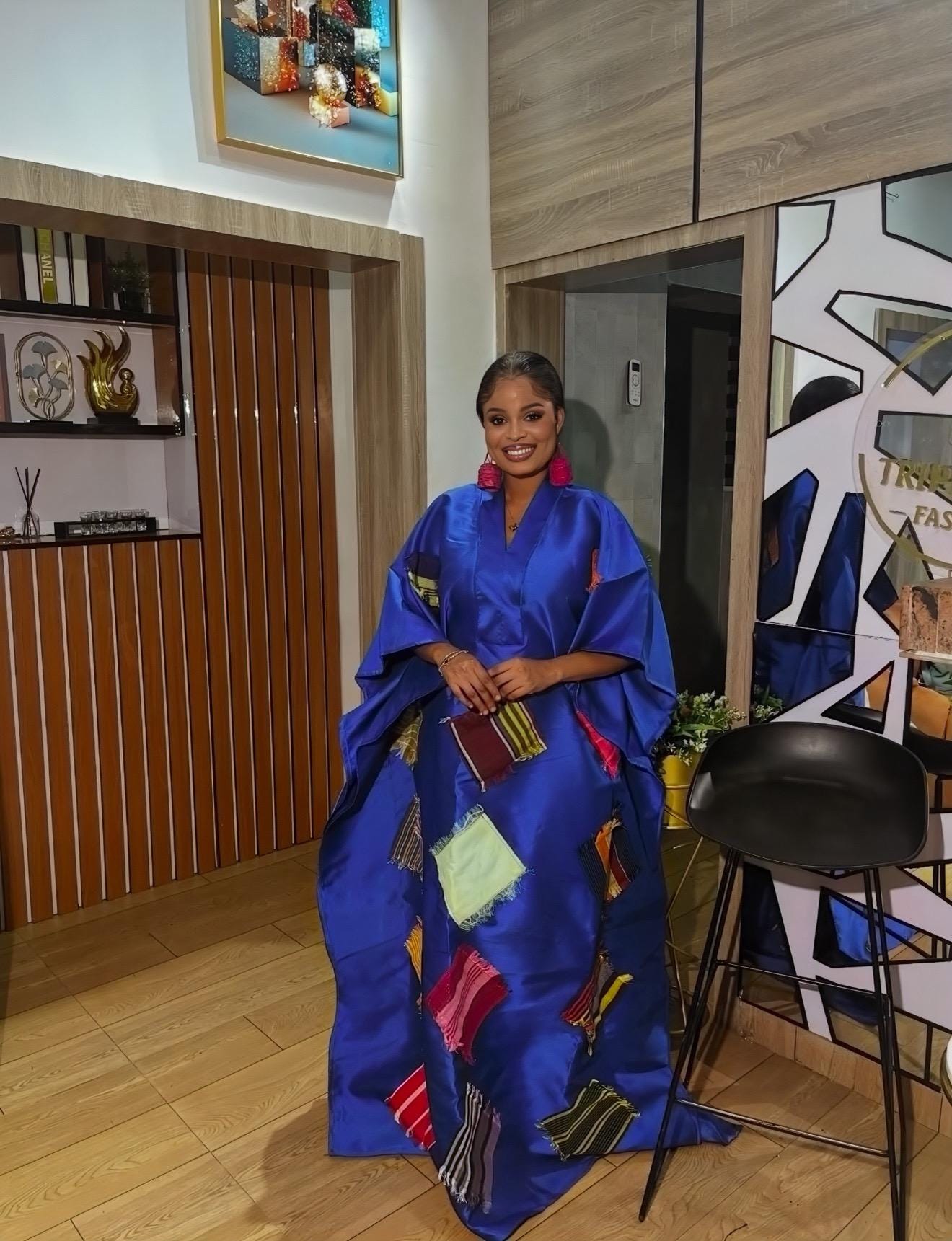 African Luxury Mikado Boubou with Aso-Oke Patchwork – One Size Fits All| Blue Maxi Dress