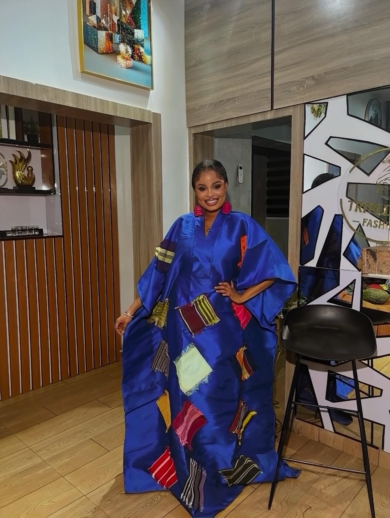 African Luxury Mikado Boubou with Aso-Oke Patchwork – One Size Fits All| Blue Maxi Dress