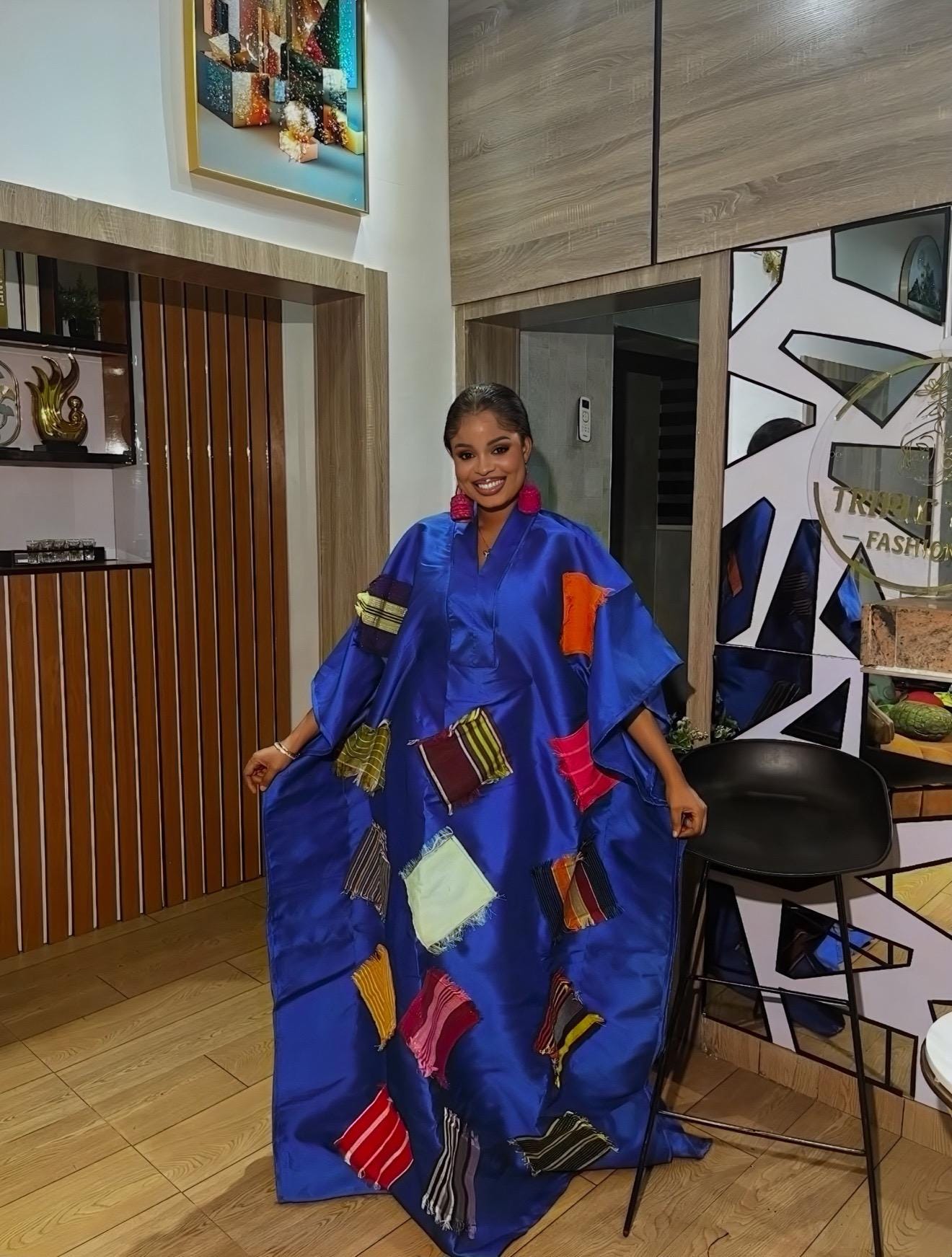 African Luxury Mikado Boubou with Aso-Oke Patchwork – One Size Fits All| Blue Maxi Dress