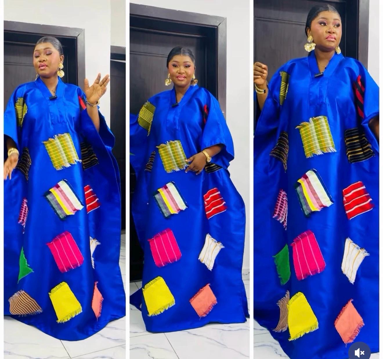African Luxury Mikado Boubou with Aso-Oke Patchwork – One Size Fits All| Blue Maxi Dress