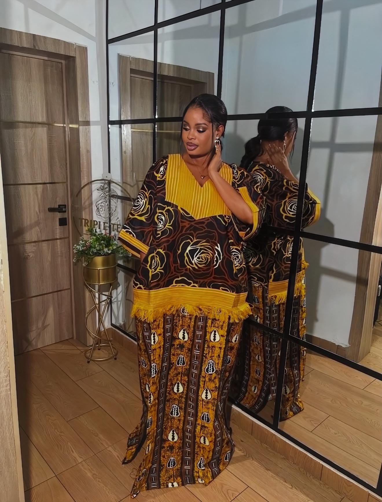 Handmade Ankara Kaftan | Nigerian Print Dress with Headtie