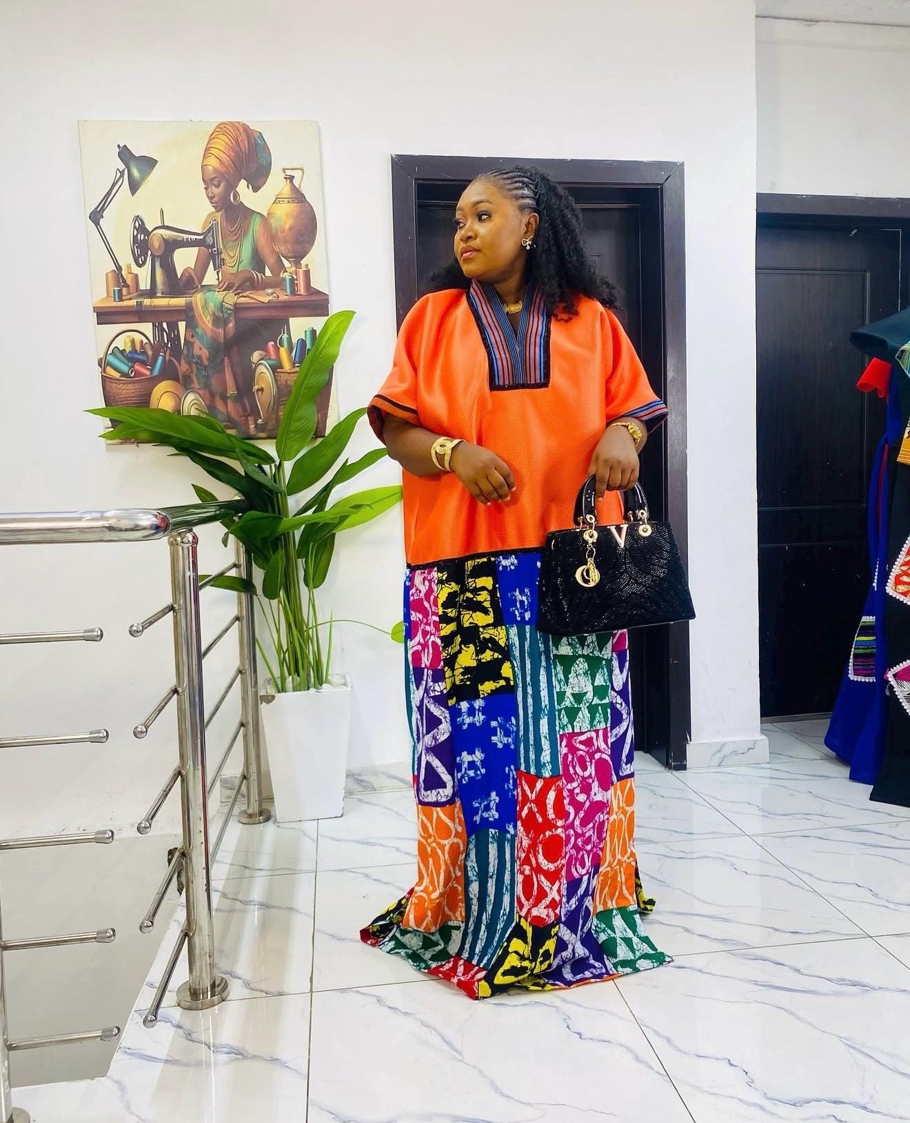 African Boubou Dress | Scuba Net Kaftan with Ankara Patchwork | Free Size Maxi Boubou | One Size Fits 2–20 | Luxury African Wear