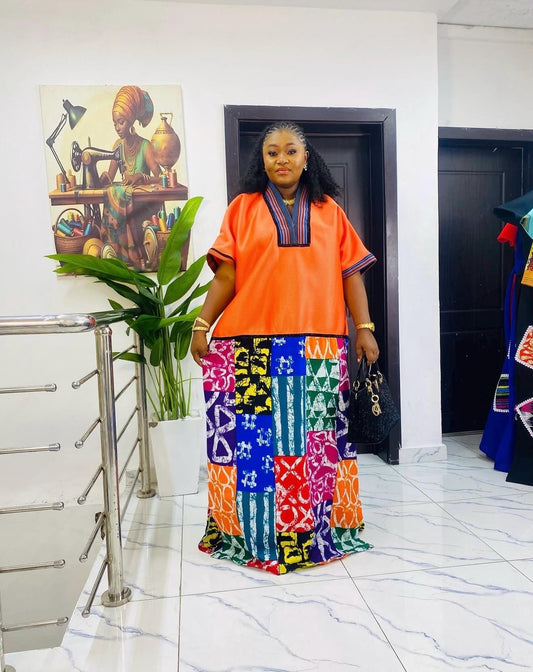 African Boubou Dress | Scuba Net Kaftan with Ankara Patchwork | Free Size Maxi Boubou | One Size Fits 2–20 | Luxury African Wear