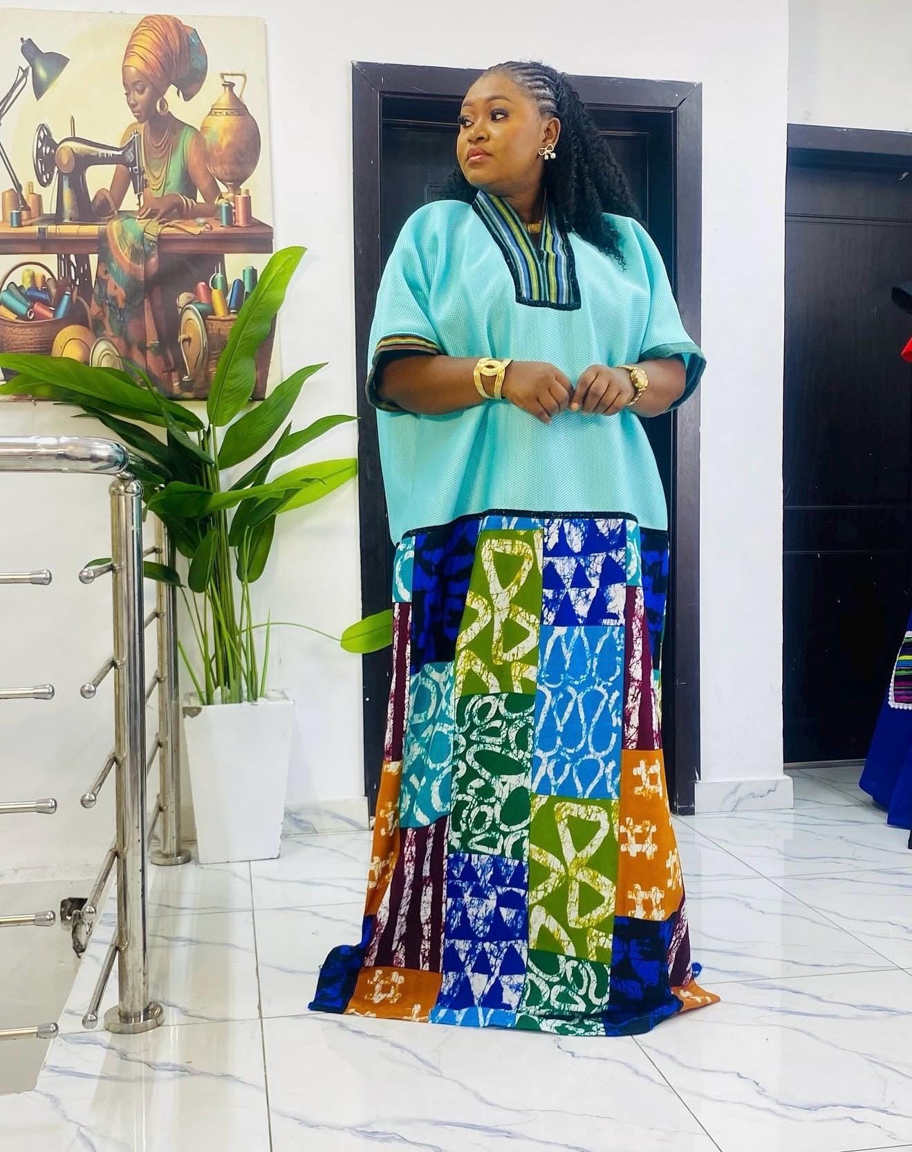 African Boubou Dress | Scuba Net Kaftan with Ankara Patchwork | Free Size Maxi Boubou | One Size Fits 2–20 | Luxury African Wear