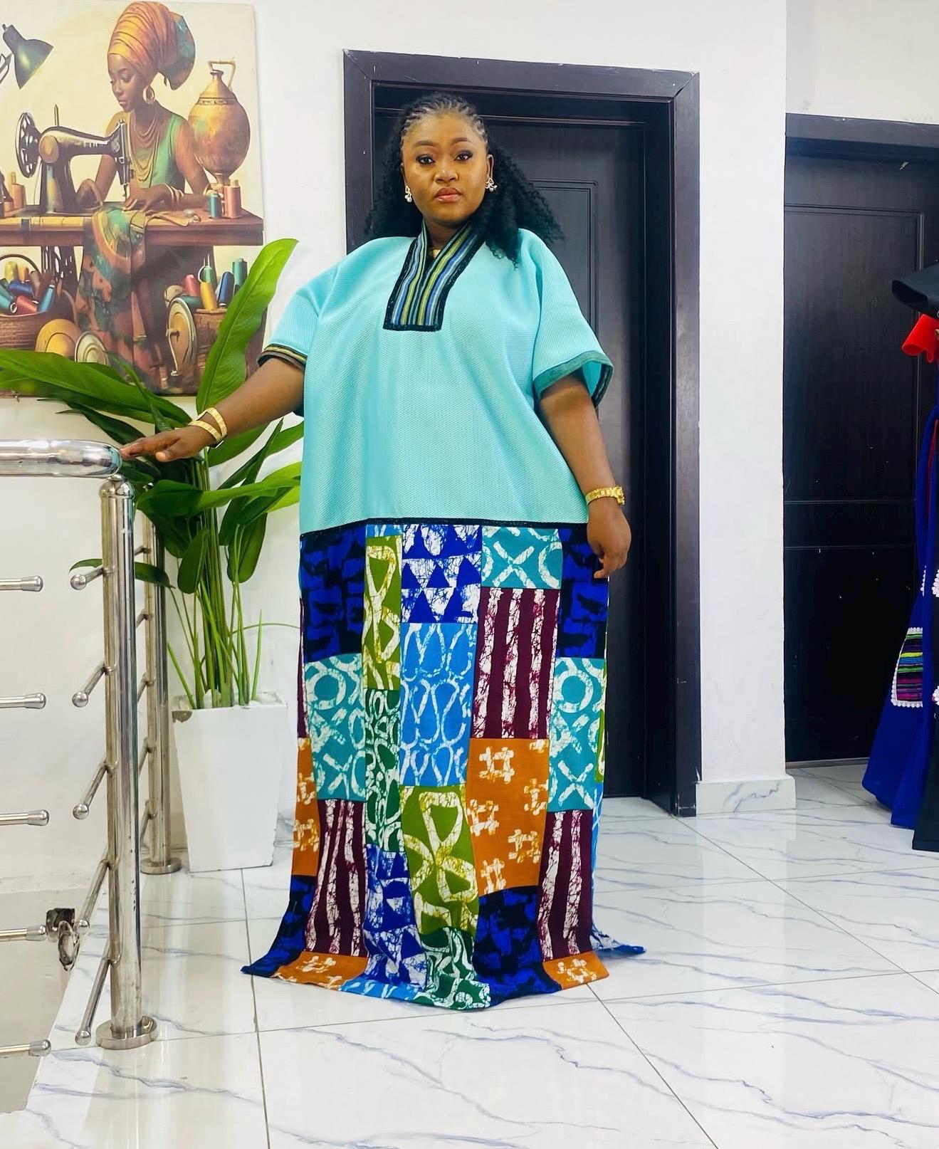 African Boubou Dress | Scuba Net Kaftan with Ankara Patchwork | Free Size Maxi Boubou | One Size Fits 2–20 | Luxury African Wear