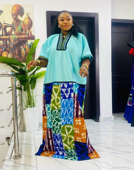 African Boubou Dress | Scuba Net Kaftan with Ankara Patchwork | Free Size Maxi Boubou | One Size Fits 2–20 | Luxury African Wear