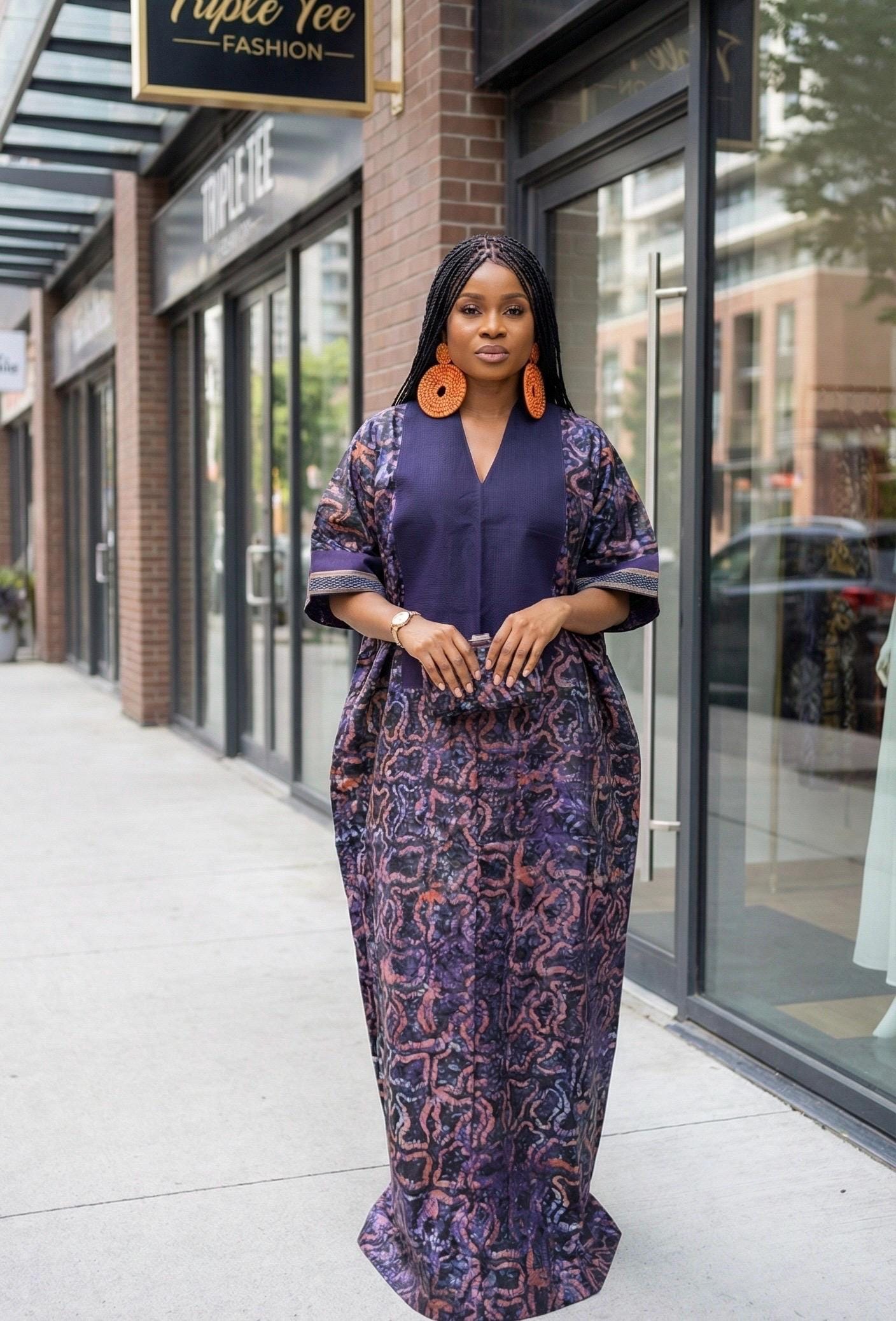 African Adire Cotton Brocade Boubou | Traditional Kaftan Dress