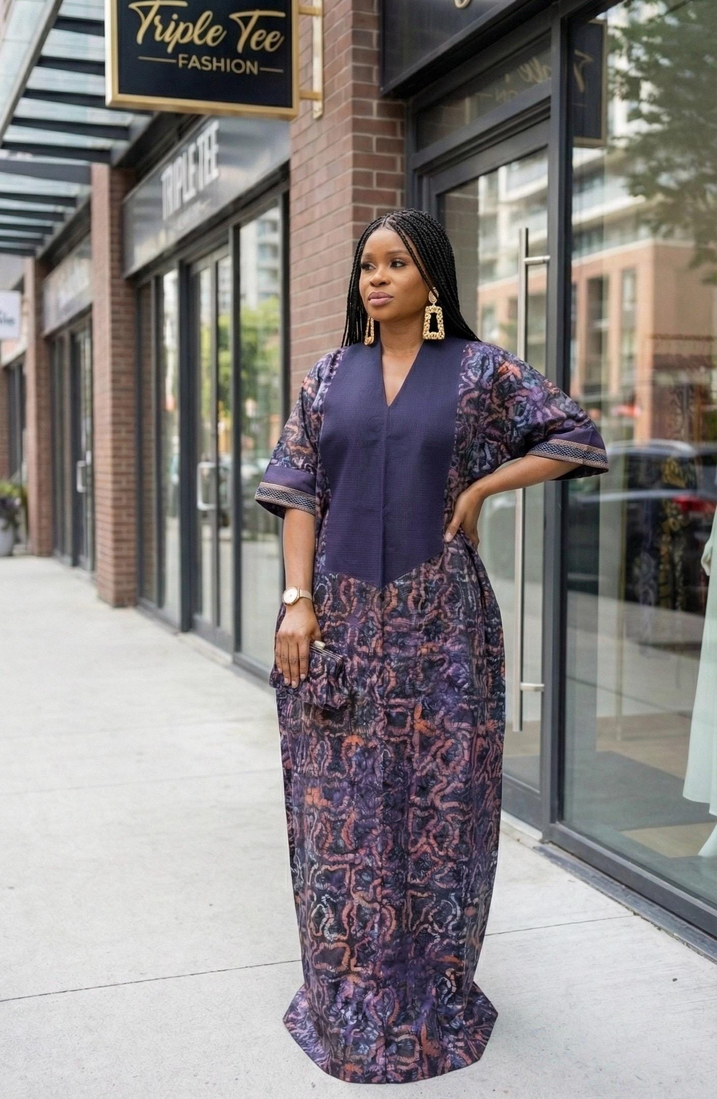 African Adire Cotton Brocade Boubou | Traditional Kaftan Dress
