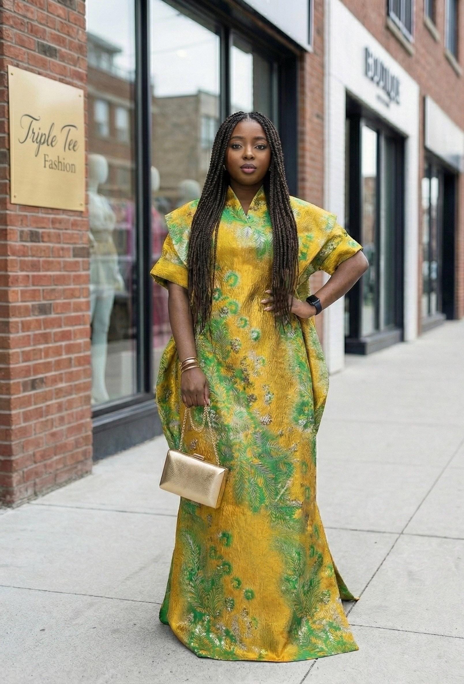 European Brocade Boubou Dress | Rich Aunty Kaftan, Scarf Included