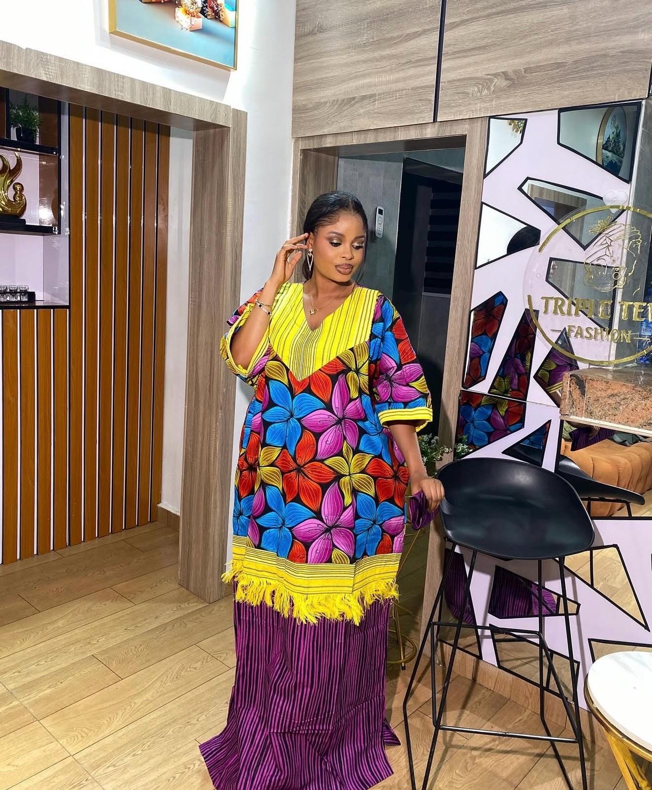 Handmade Ankara Kaftan | Nigerian Print Dress with Headtie