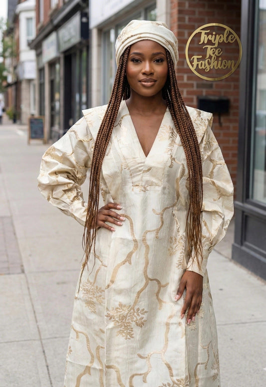 Cream & Gold Brocade Boubou Dress | African Kaftan with Matching Scarf