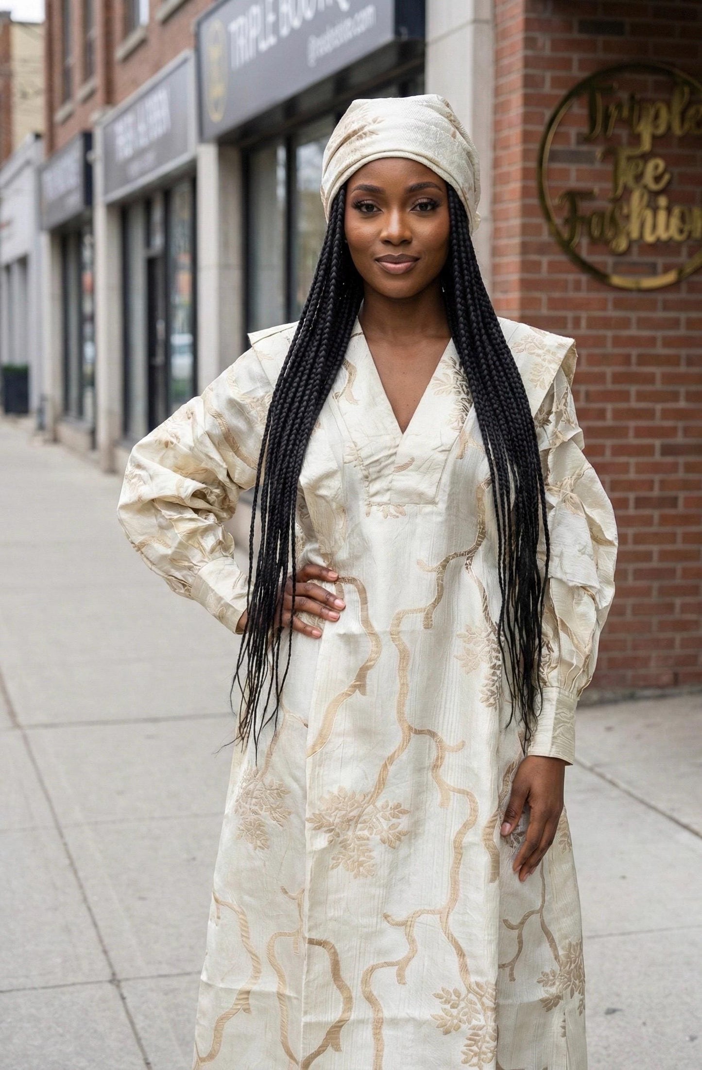 Cream & Gold Brocade Boubou Dress | African Kaftan with Matching Scarf