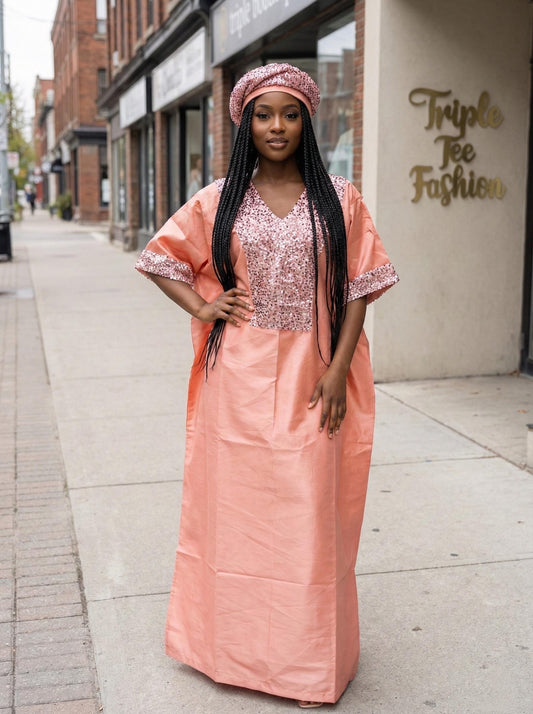 Peach Sequin Mikado Silk Boubou: African Kaftan Dress with Cap