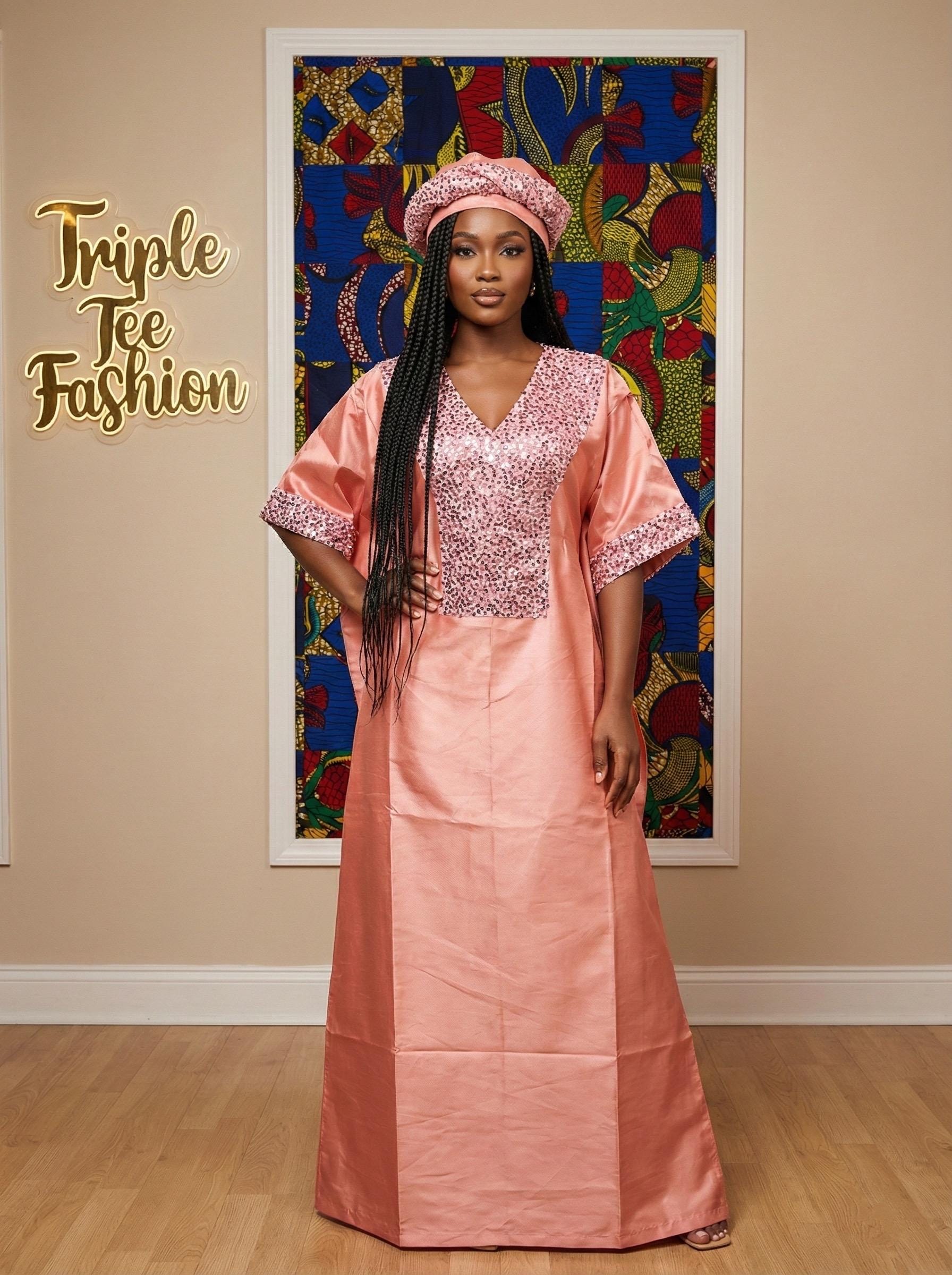 Peach Sequin Mikado Silk Boubou: African Kaftan Dress with Cap