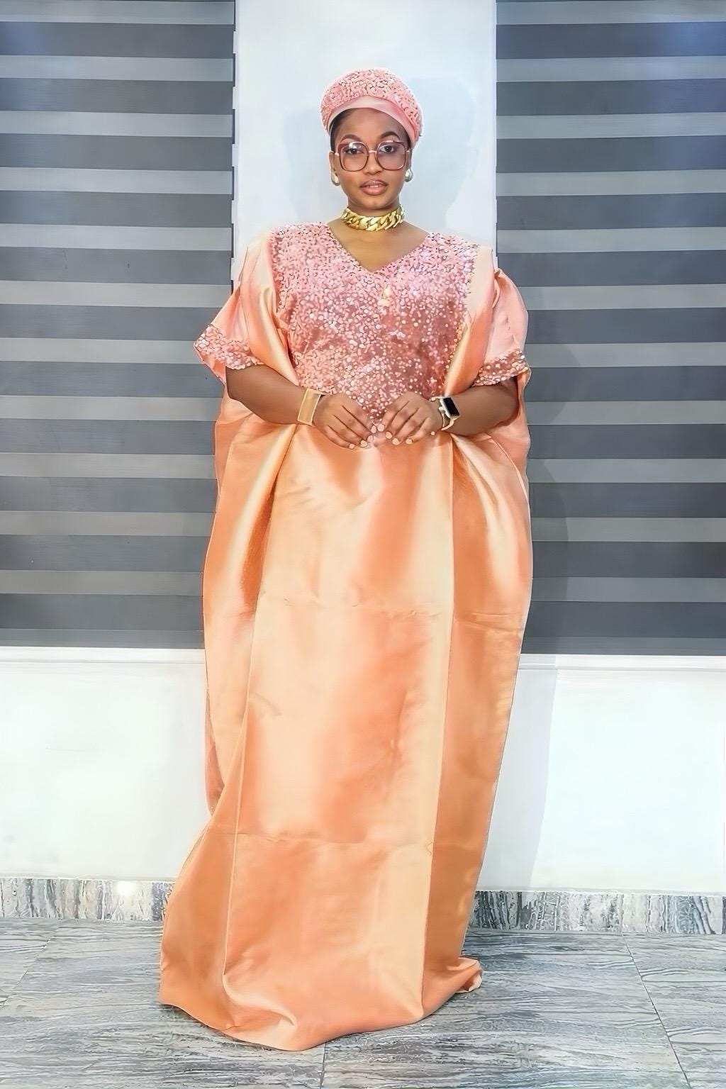 Peach Sequin Mikado Silk Boubou: African Kaftan Dress with Cap