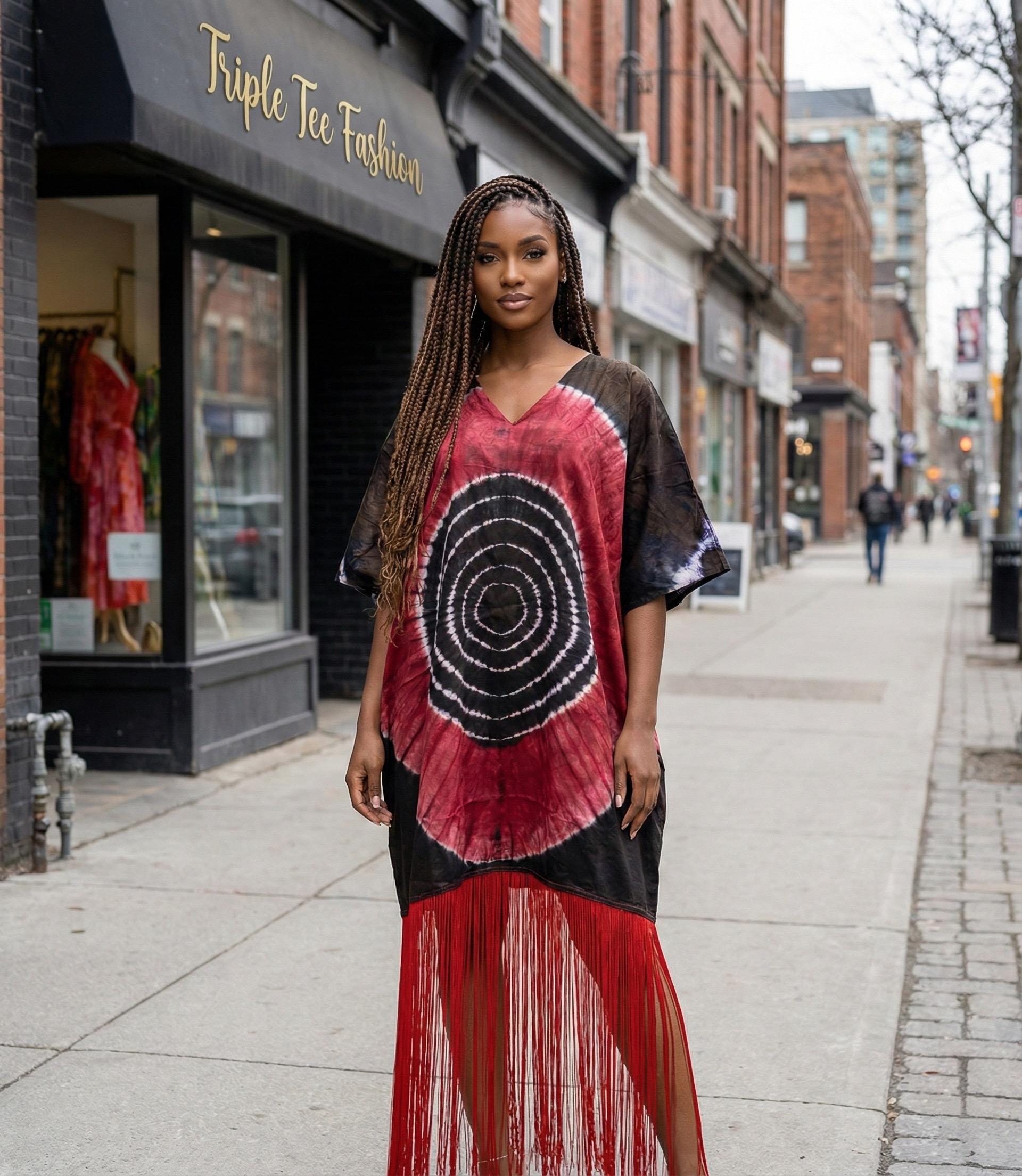 African Adire Fringe Kaftan Dress | Nigerian Boubou