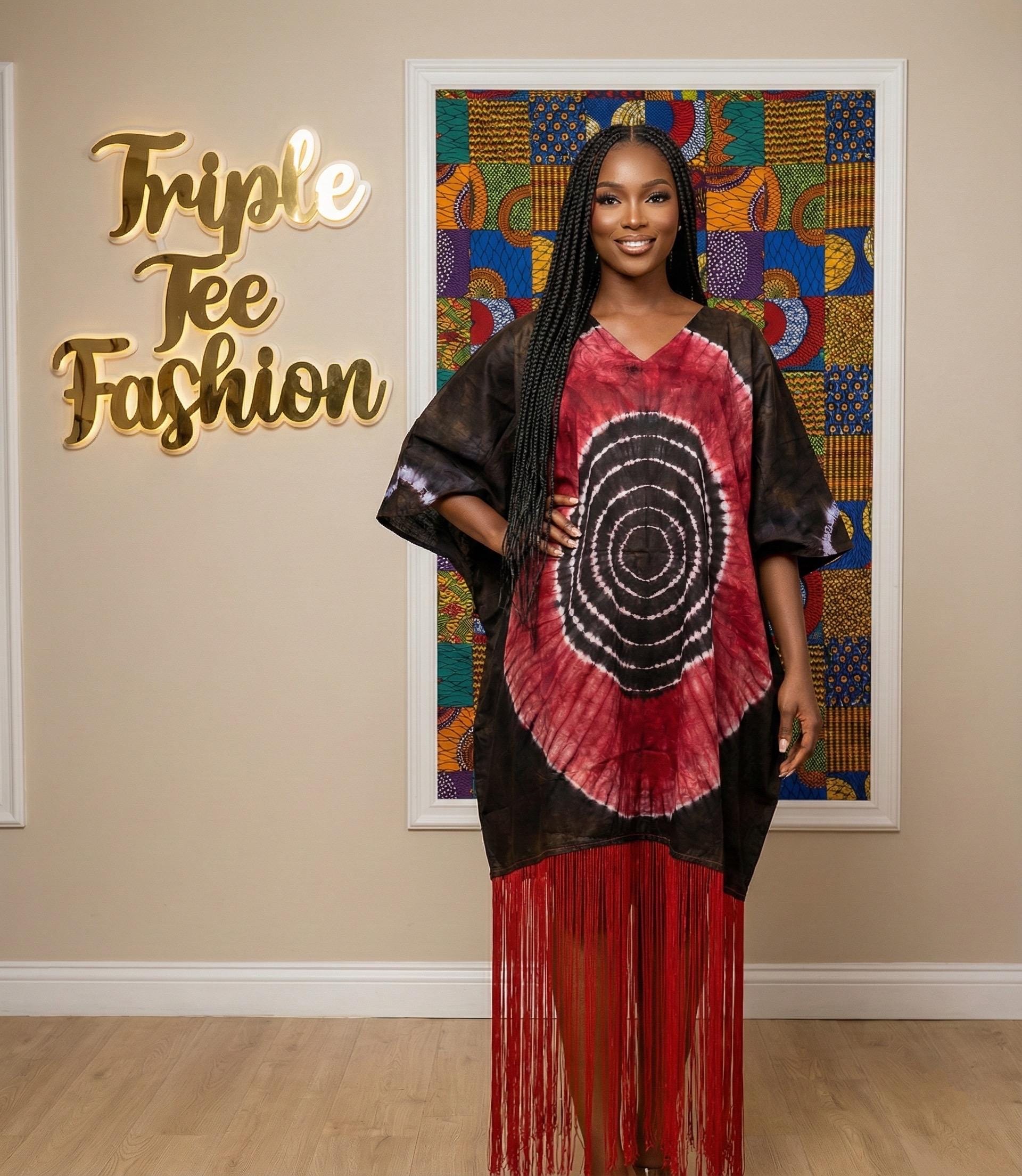 African Adire Fringe Kaftan Dress | Nigerian Boubou