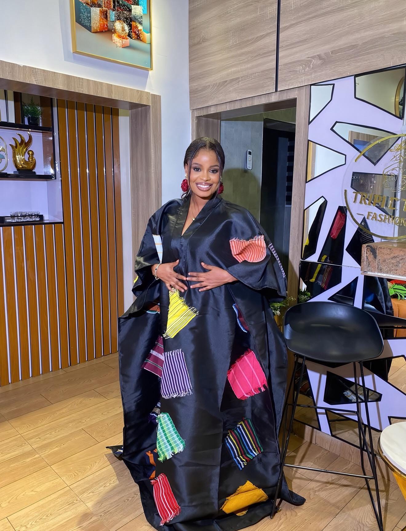 African Luxury Mikado Boubou with Aso-Oke Patchwork – One Size Fits All| Black Dress