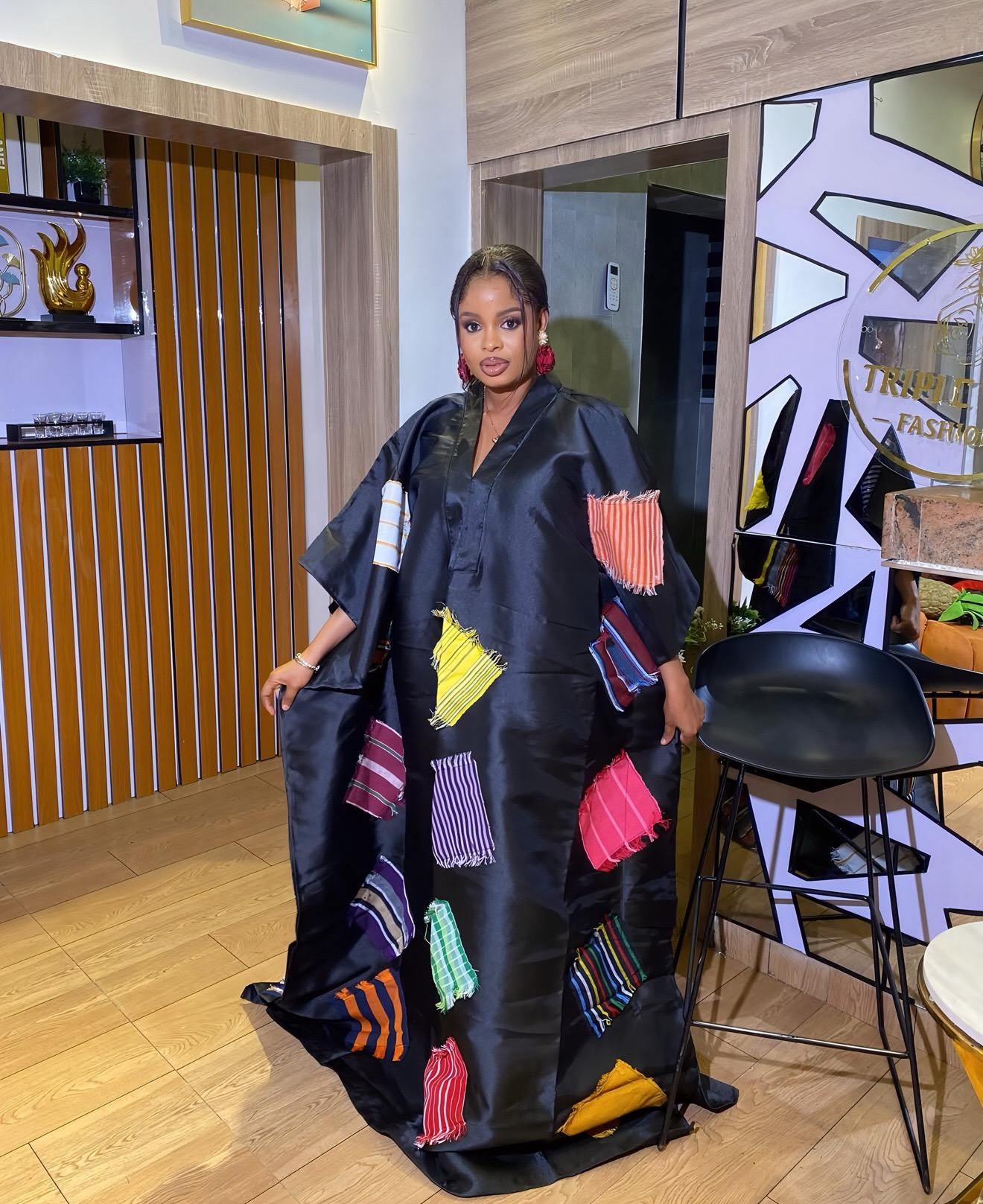 African Luxury Mikado Boubou with Aso-Oke Patchwork – One Size Fits All| Black Dress