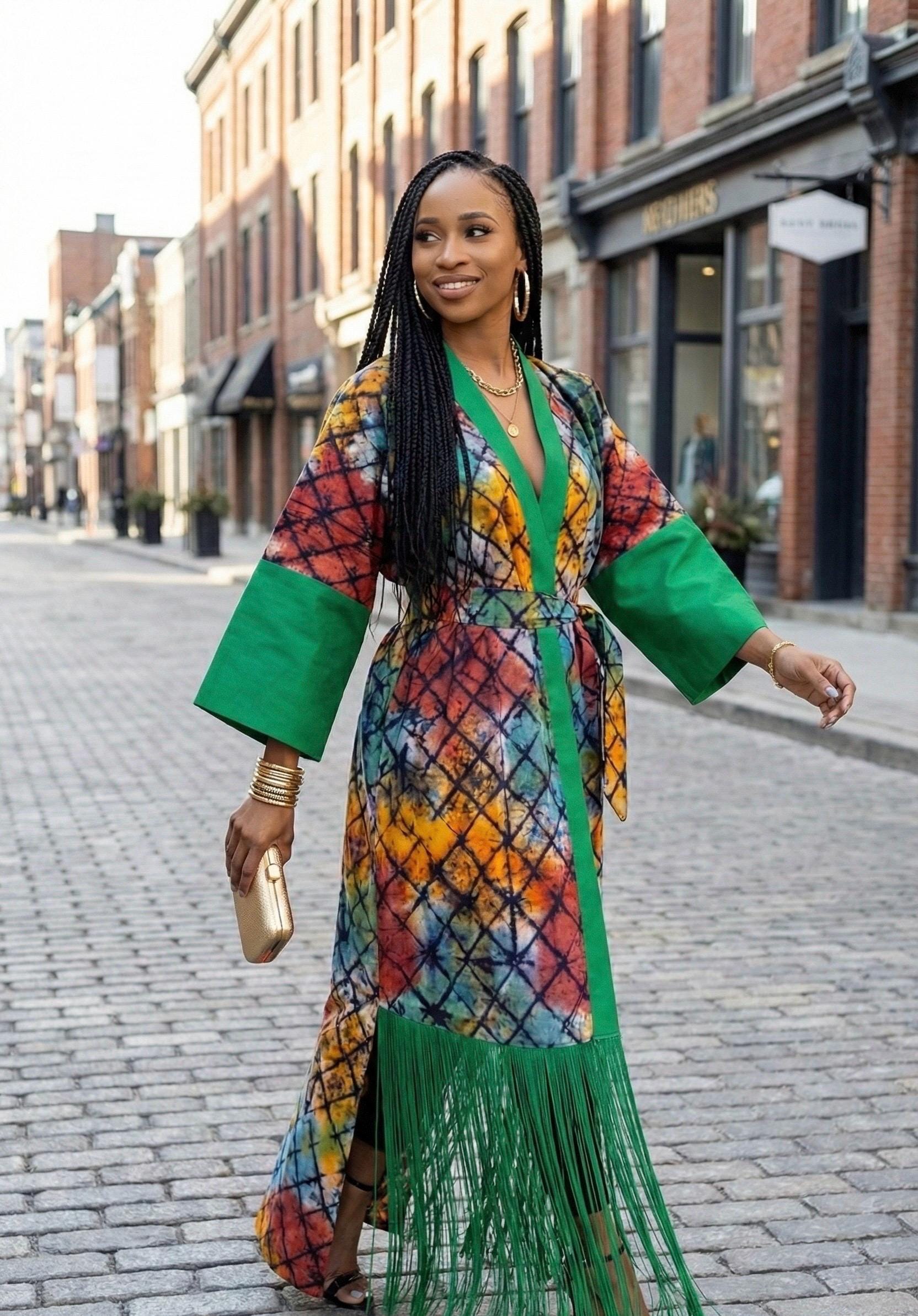 African Adire Fringe Kimono | Nigerian Cotton Kaftan, Boubou