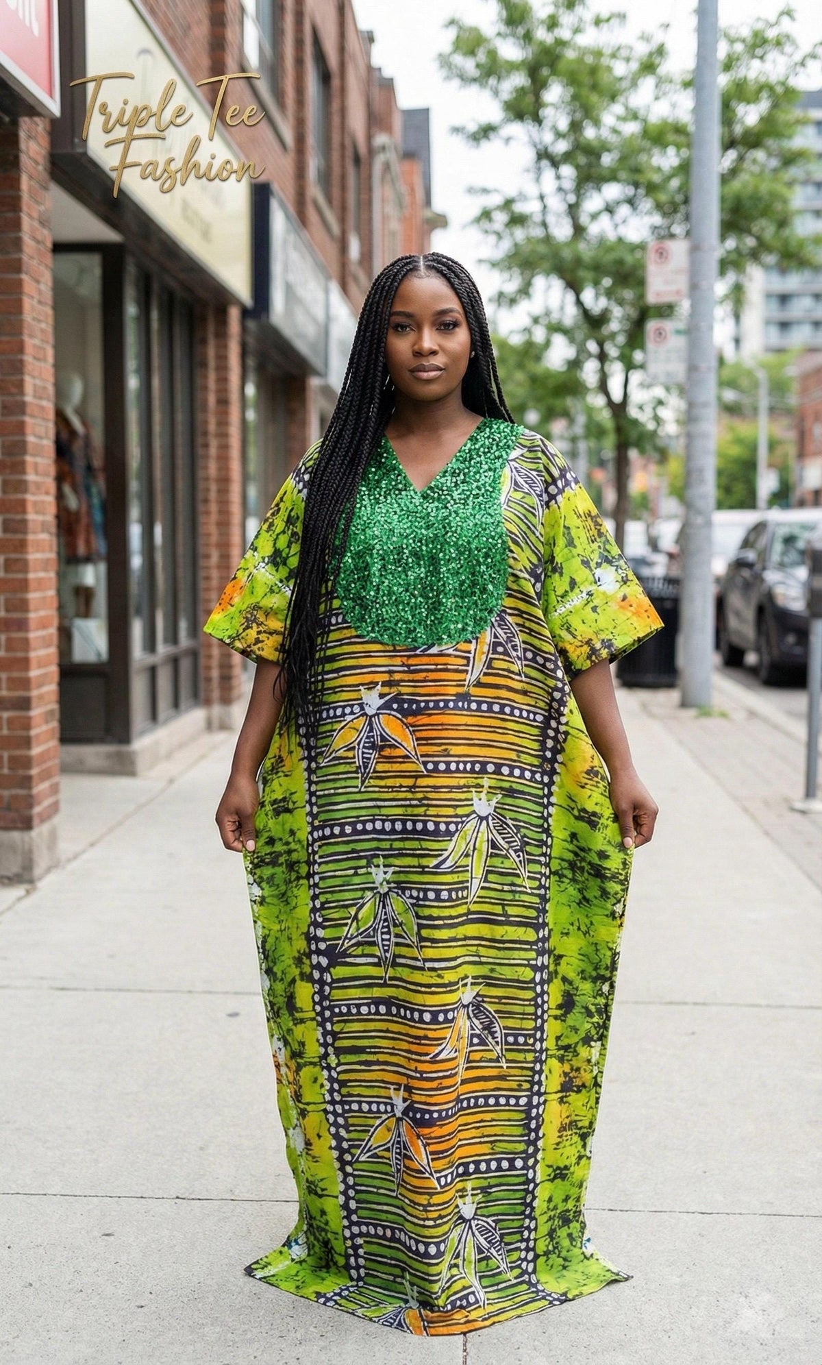 African Print Kampala Kaftan: Adire Sequin Boubou Dress
