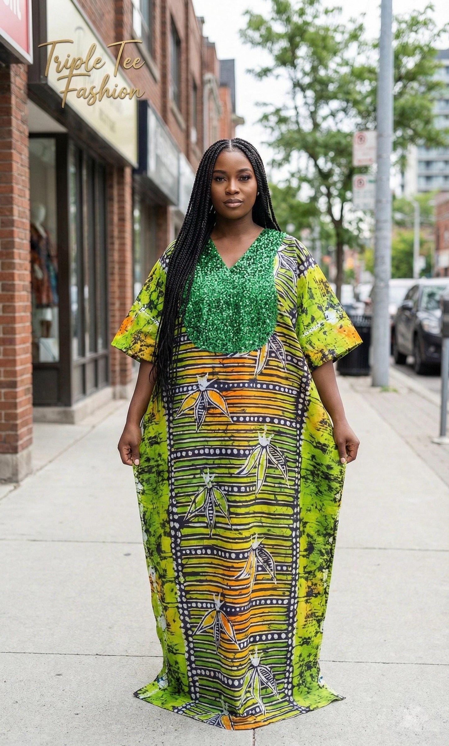 African Print Kampala Kaftan: Adire Sequin Boubou Dress