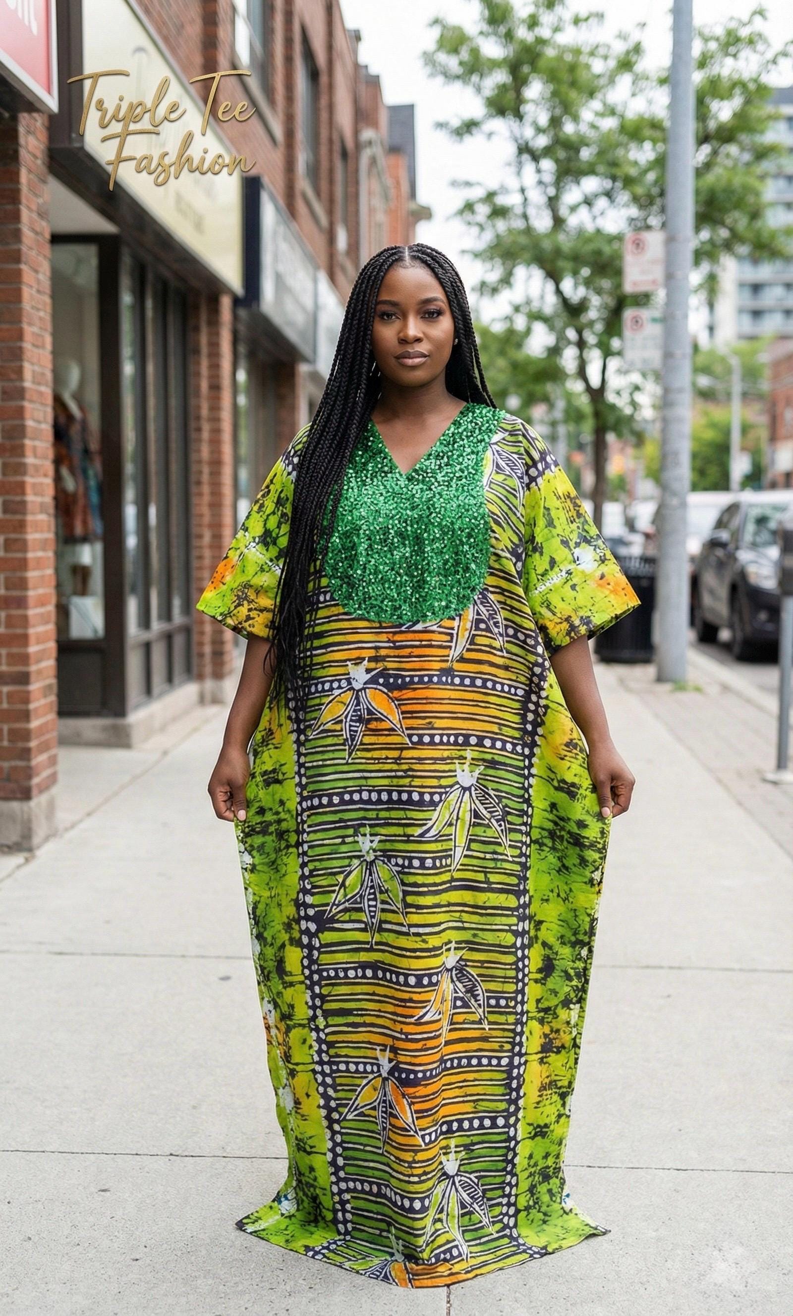 African Print Kampala Kaftan: Adire Sequin Boubou Dress