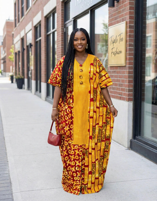 African Ankara Boubou: Aso Oke Embellished Kaftan Dress