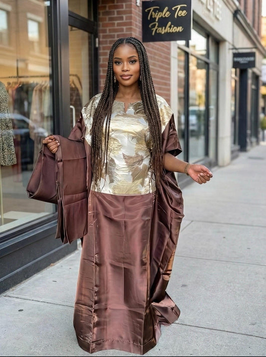 Liquid Mikado Brocade Boubou | African Kaftan Dress with Scarf