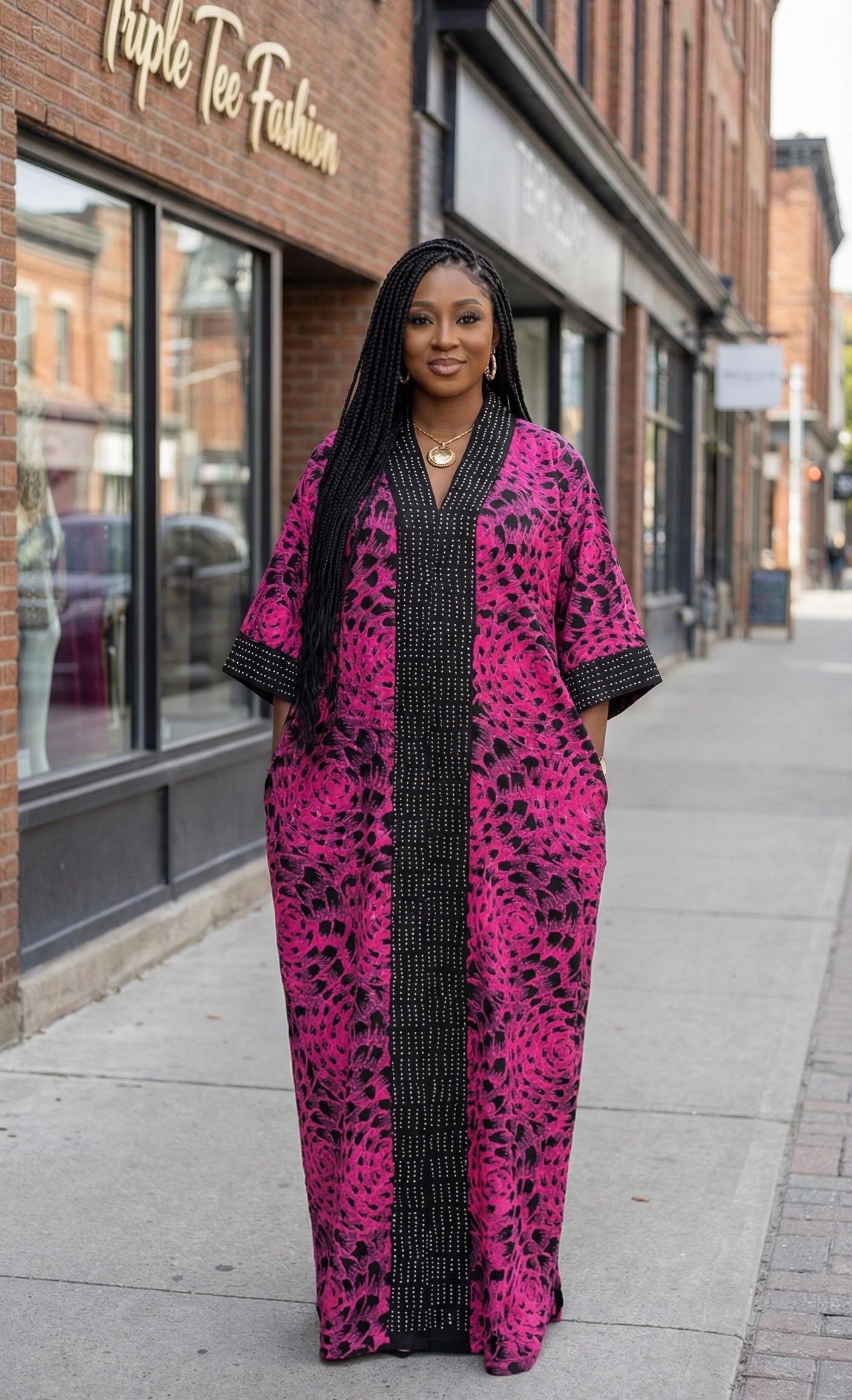 Pink & Black Ankara Caftan Dress, African Print Maxi Dress, Plus Size Kaftan Robe