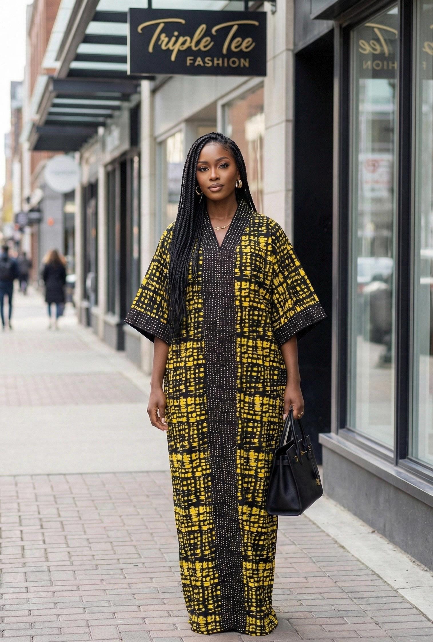Yellow & Black Ankara Kaftan Dress - African Print Maxi Dress with Pockets