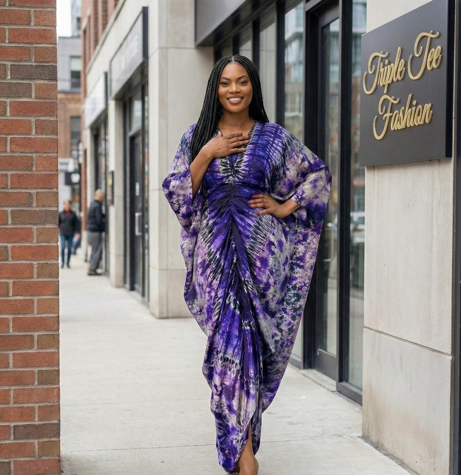 African Adire Silk Boubou Dress | Handmade Tie Dye Kaftan