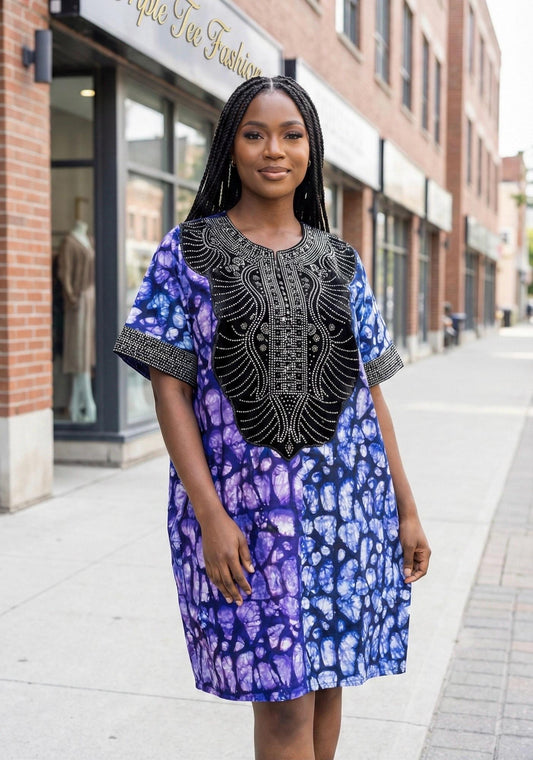 Purple Tie Dye Caftan Dress - Rhinestone Embellished African Print Tunic