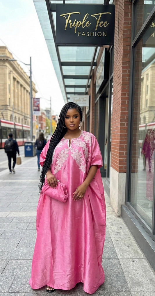 Embroidered Mikado Boubou | African Kaftan Dress with Scarf