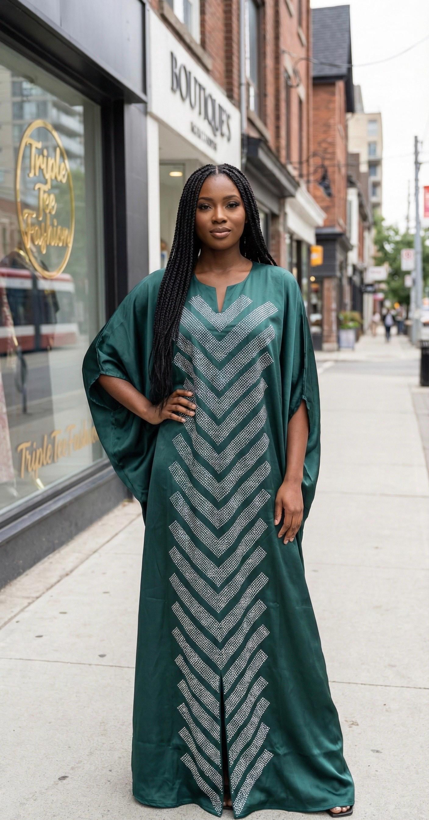 Emerald Green Duchess Silk Boubou: Crystal Patterned African Kaftan