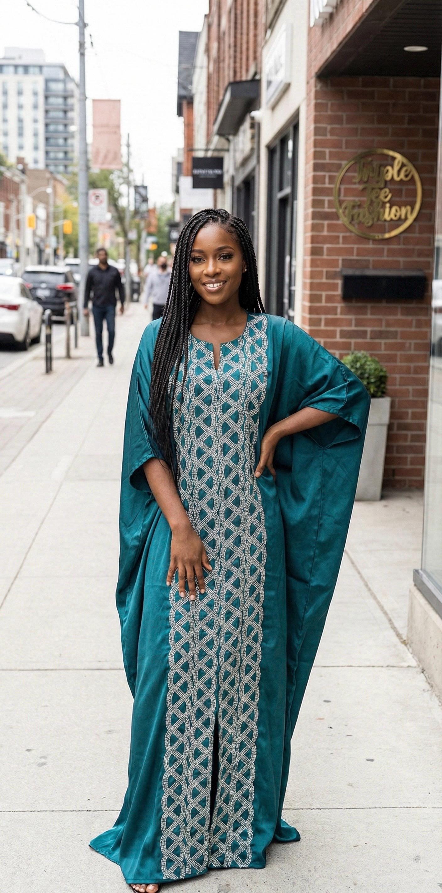 Emerald Green Duchess Silk Boubou: Crystal Patterned African Kaftan